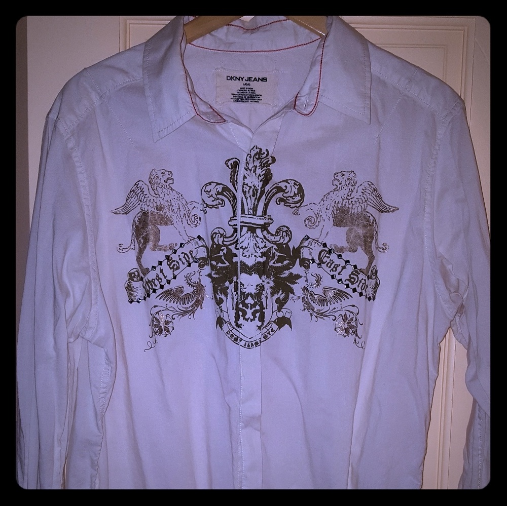 DKNY Jeans button down dress shirt with graphics.